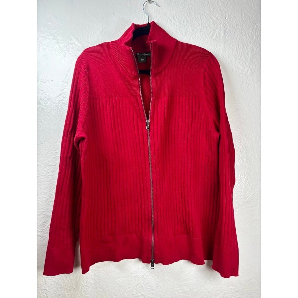 Eddie Bauer Full Zip Sweater Womens XXL Red Vintage Ribbed Cotton Preppy 90s - Picture 2 of 14